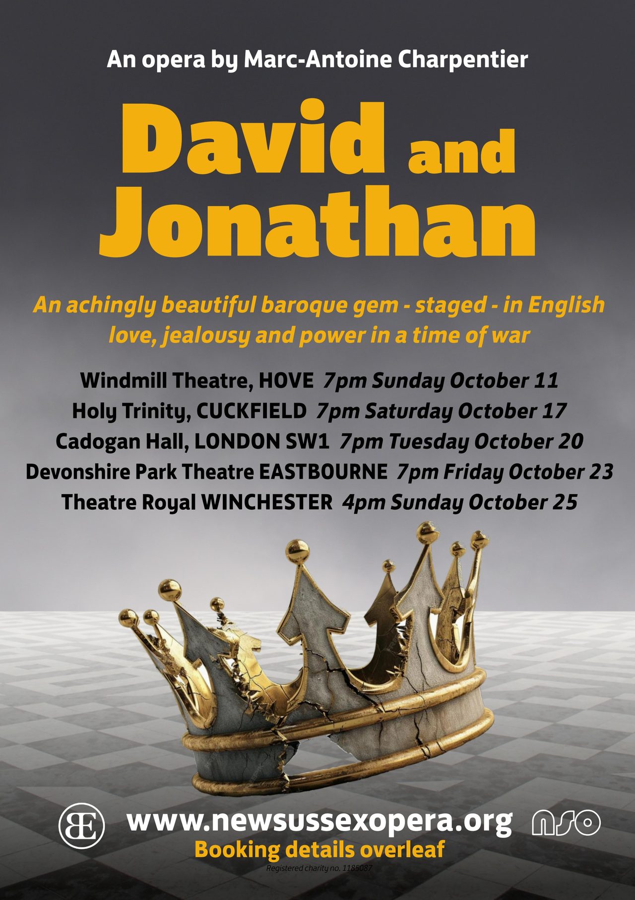 New Sussex Opera flyer for David and Jonathan: a cracked golden crown on a chequered floor, with the five performance dates